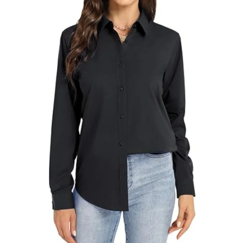 Button Down Long Sleeve Stretch Solid Work Shirt Black - Picture 2 of 6